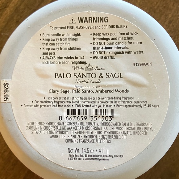 White Barn Cream Candle - Palo Santo & Sage - Picture 3 of 5